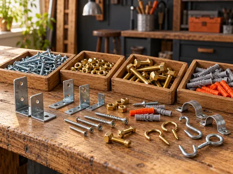 Screws, nuts, bolts, wall plugs and brackets arranged in trays