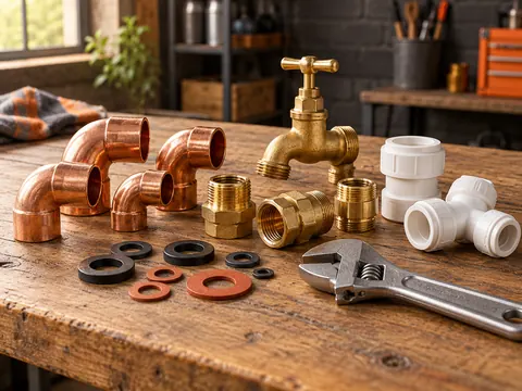 Pipe connectors, tap fittings, washers and an adjustable spanner