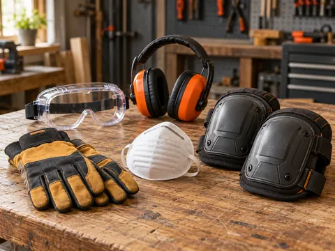 Work gloves, safety goggles, ear defenders and protective equipment