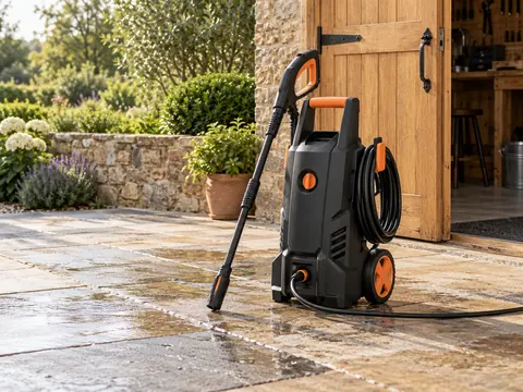 Pressure washer, coiled hose and spray lance on a patio